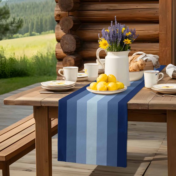 Navy Blue Stripe Gradient Table Runner 13x90in Non-Slip Cotton Linen Table Runners, Modern Minimalist Style Dresser Scarves TableRunner for Dinner Kitchen Dining Wedding Party