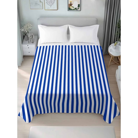 Navy Blue Stripe King Size Flat Sheet, Wrinkleproof & Fadeproof Cooling Flat Bed Sheet Only, Modern White Vertical Striped Geometric Breathable Soft Bedding Top Sheets 105 x 98 Inches