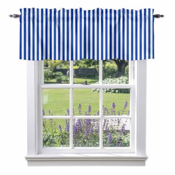 Navy Blue Stripe Kitchen Curtain Valances for Windows Farmhouse Short Curtains, Modern White Vertical Striped Geometric Rod Pocket Valance Curtain for Bedroom Cafe Living Room 42"x18"