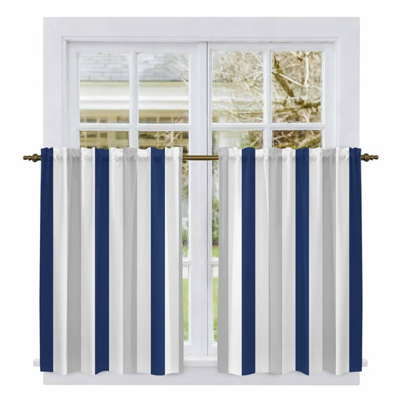 Navy Blue Stripe Kitchen Curtains, Geometric Grey White Vertical Striped Light Filtering Window Curtain Panels, 2Pcs Rod Pocket Window Treatments Set for Study Room Bathroom Bedroom 52x54 Inches