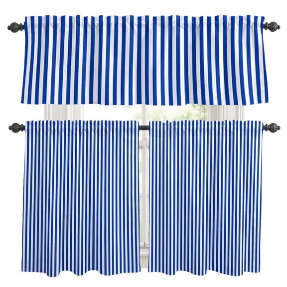 Navy Blue Stripe Kitchen Curtains, Kitchen Curtains and Valances Set of 3, Modern White Vertical Striped Geometric Light Filtering Tailored Tier Curtain 24 Inch Length Drapes for Cafe Sink Bedroom