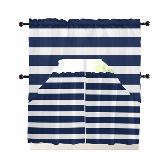 Navy Blue Stripe Kitchen Curtains Sets 24 Inch Length with Valance, Modern Simple Geometric White Striped Swag Valances and Tiers Curtain Set Drapes Swag Curtains for Living Room, Bathroom, Bedroom