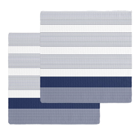 Navy Blue Stripe Kitchen Dish Towels for Drying Dishes Set of 2, Modern Rustic Horizontal Blue Striped Waffle Weave Microfiber Hand Tea Bathroom Towels Quick Dry & Absorbent Towel 12x12