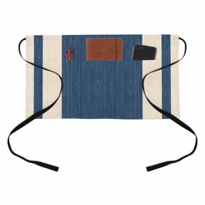 Navy Blue Stripe Kitchen Restaurant Half Waist Apron, Modern Geometric Classic Linear Slub Fabric Texture Server Short Apron with 3 Pockets Waterproof Oil Waist Aprons for Women Waitress Waiter