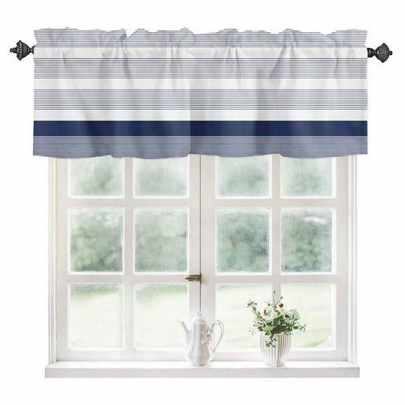 Navy Blue Stripe Kitchen Valances for Windows 42x12 Inch Kitchen Curtains Valances Rod Pocket Modern Rustic Horizontal Blue Striped Bathroom Window Valances for Window Treatment Decor