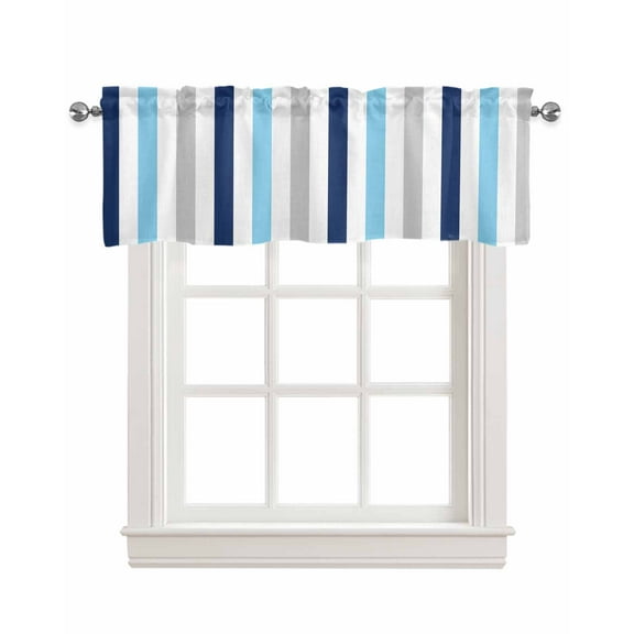 Navy Blue Stripe Kitchen Valances for Windows Farmhouse Linen Window Valance Curtain for Living Room Window Treatment Ombre Geometric Grey Vertical Striped Valance Rod Pocket Topper, 54 x 18 Inch
