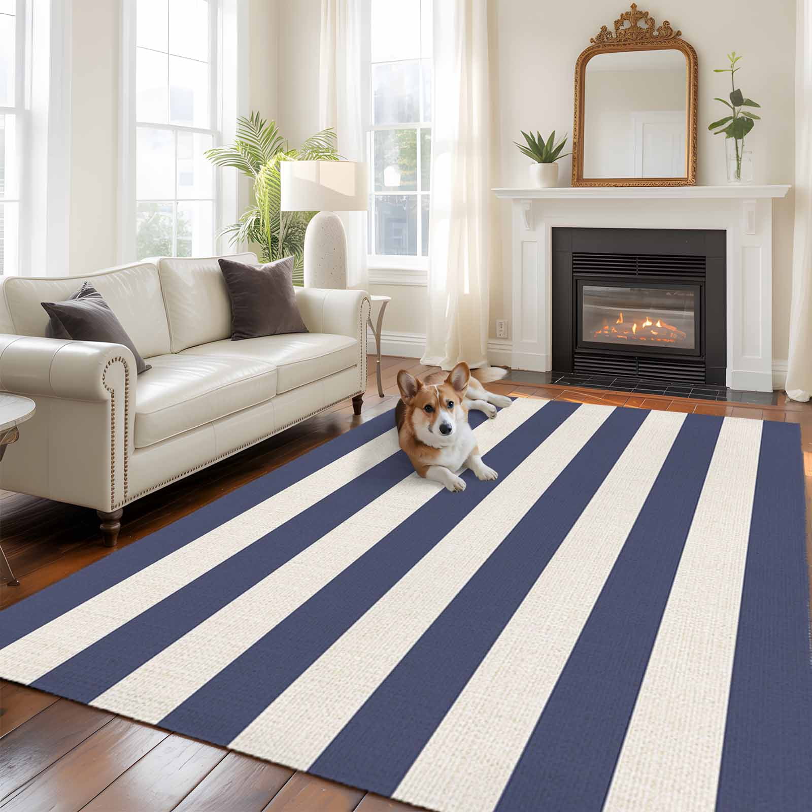 Navy Blue Stripe Large Area Rugs 8x10ft Minimalist Stripes Coastal ...