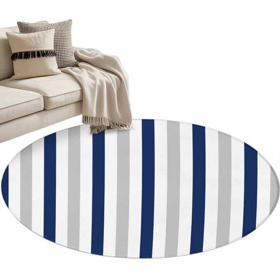 Navy Blue Stripe Large Area Rugs for Bedroom Living Room, Soft Non Slip Carpet Bedside Rug, Geometric Grey White Vertical Striped Round Floor Cover Kitchen Accent Rug 4' for Dining Room/Office
