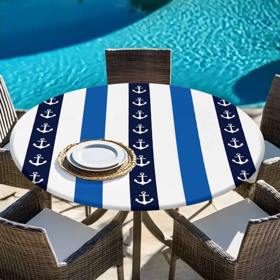 Navy Blue Stripe Nautical Anchor Round Fitted Tablecloth with Elastic Edge,Waterproof Table Cloth Fits Tables Up to 36"-44",Washable Table Cover for Indoor Outdoor Dinning Party,Minimalist Style