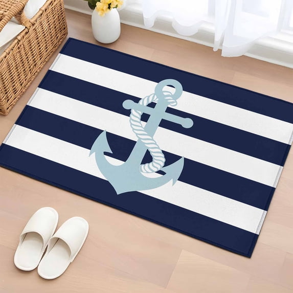 Navy Blue Stripe Nautical Area Rugs 2x3 for Living Room, Aqua Anchor Summer Coastal Non Slip Washable Rug Runner, Low Pile Indoor Floor Carpet Mat Bathroom Rugs for Bedroom, Kids Room