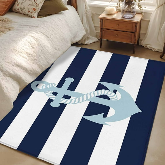 Navy Blue Stripe Nautical Area Rugs 3x5 for Living Room, Aqua Anchor Summer Coastal Non Slip Washable Rug Runner, Low Pile Indoor Floor Carpet Mat Bathroom Rugs for Bedroom, Kids Room
