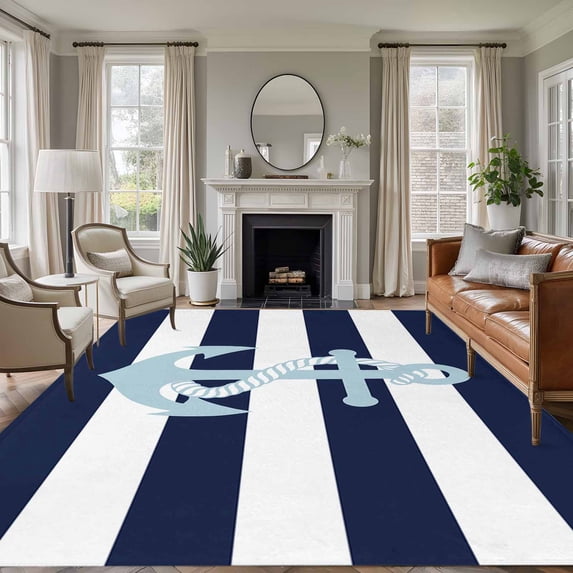Navy Blue Stripe Nautical Area Rugs 5x7 for Living Room, Aqua Anchor Summer Coastal Non Slip Washable Rug Runner, Low Pile Indoor Floor Carpet Mat Bathroom Rugs for Bedroom, Kids Room