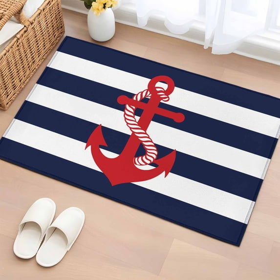 Navy Blue Stripe Nautical Bathroom Mats 2x3 FT, Non Slip Small Kitchen Mat, Red Anchor Summer Coastal Washable Soft Backed Front Door Throw Rugs Non-Shedding Indoor Outdoor Doormat for Entryway Sink