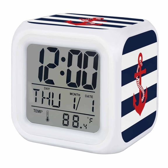 Navy Blue Stripe Nautical Digital Alarm Clock for Bedrooms, Smart LED Alarm Clock with 7 Color Changing Night Light, Red Anchor Summer Coastal Silent Wake Up Clocks for Sleep Study Cooking 3.2"x3.2"