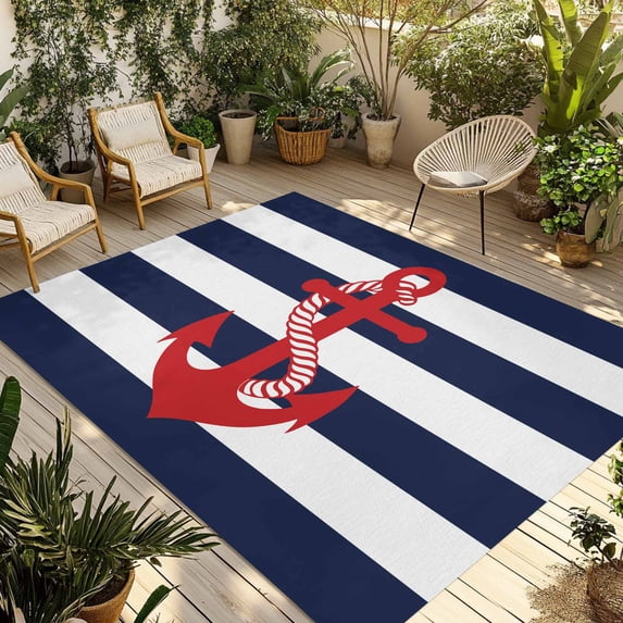 Navy Blue Stripe Nautical Outdoor Rug 4x6 Ft - Reversible Patio Rug Outdoor Camping Rugs, Red Anchor Summer Coastal Washable Indoor Outdoor Area Rugs, Non-Slip Outdoor Carpet Runner for Deck/Porch