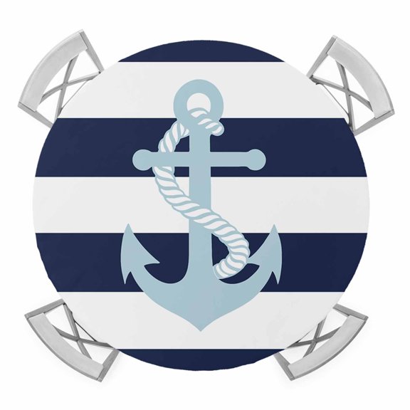 Navy Blue Stripe Nautical Round Fitted Tablecloth with Elastic Edge, Waterproof Table Cloth Table Cover for 36"-44" Tables, Aqua Anchor Summer Coastal Tablecloths for Dining Picnic Indoor Outdoor