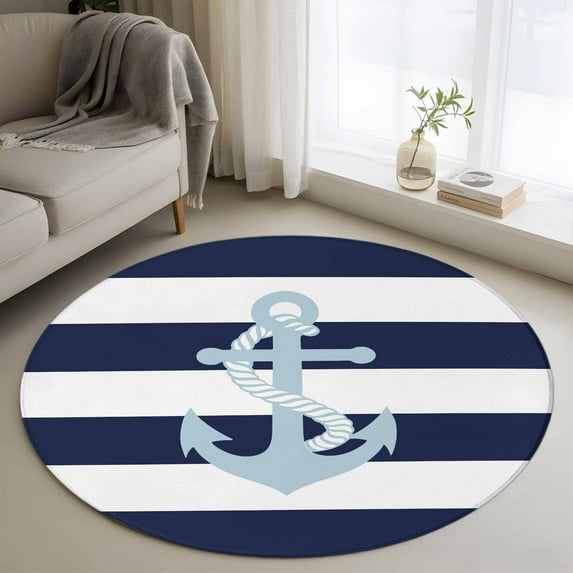 Navy Blue Stripe Nautical Round Rugs 4ft, Aqua Anchor Summer Coastal Non Slip Washable Rug Runner, Low Pile Indoor Floor Carpet Mat Bathroom Rugs for Living Room, Bedroom, Kids Room