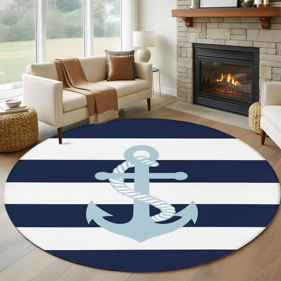 Navy Blue Stripe Nautical Round Rugs 5ft, Aqua Anchor Summer Coastal Non Slip Washable Rug Runner, Low Pile Indoor Floor Carpet Mat Bathroom Rugs for Living Room, Bedroom, Kids Room