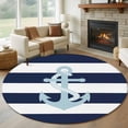 thumbnail image 1 of Navy Blue Stripe Nautical Round Rugs 8ft, Aqua Anchor Summer Coastal Non Slip Washable Rug Runner, Low Pile Indoor Floor Carpet Mat Bathroom Rugs for Living Room, Bedroom, Kids Room, 1 of 9