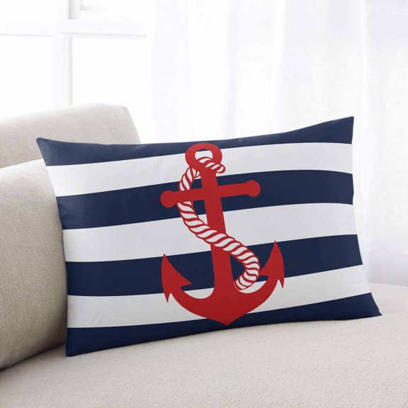 Navy Blue Stripe Nautical Throw Pillow Covers, Red Anchor Summer Coastal Soft Breathable Pillow Cases with Invisible Zipper for Sleeping, King Size Pillowcases for Couch Bed Sofa Chair 20x36 Inches