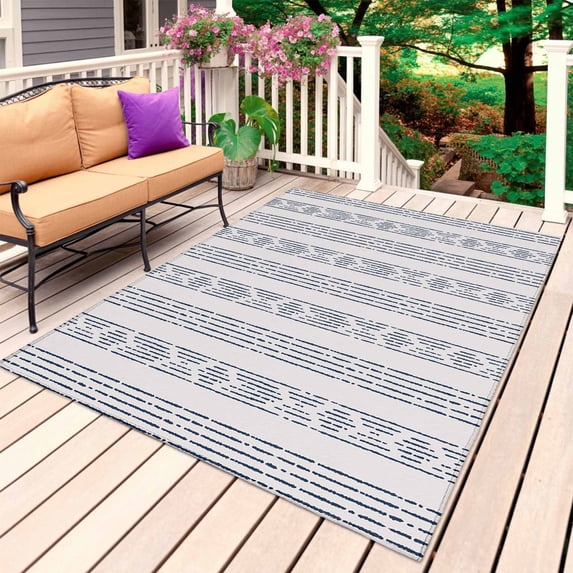 Navy Blue Stripe Outdoor Rug 4x6 Ft, Non Slip Washable Area Rug, Modern Abstract Vertical Stripes Beige Patio Rugs Carpet Runner, Large Floor Mat for Indoor/Outdoor Deck Porch Camping