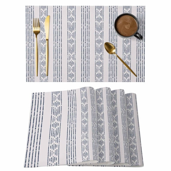 Navy Blue Stripe Placemats Set of 6, Modern Abstract Vertical Stripes Beige Placemats for Dining Table, Place Mats for Kitchen Tabletop, Waterproof Wipeable Dining Table Mats Set