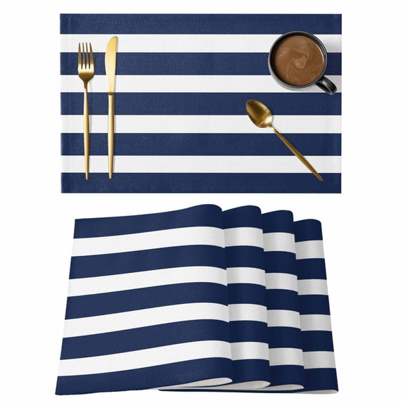 Navy Blue Stripe Placemats Set of 8, Modern Simple Geometric White Striped Placemats for Dining Table, Place Mats for Kitchen Tabletop, Waterproof Wipeable Dining Table Mats Set