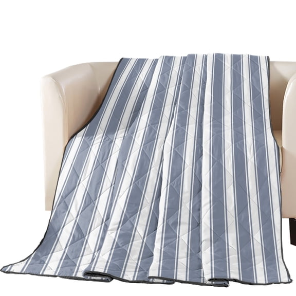 Navy Blue Stripe Quilted Comforters Cooling Blanket Oversized King Size, Nautical Coastal Ocean Blue Vertical Stripes Lines Cold Comfort for Hot Sleepers Lightweight Air Conditioning Quilt Blanket
