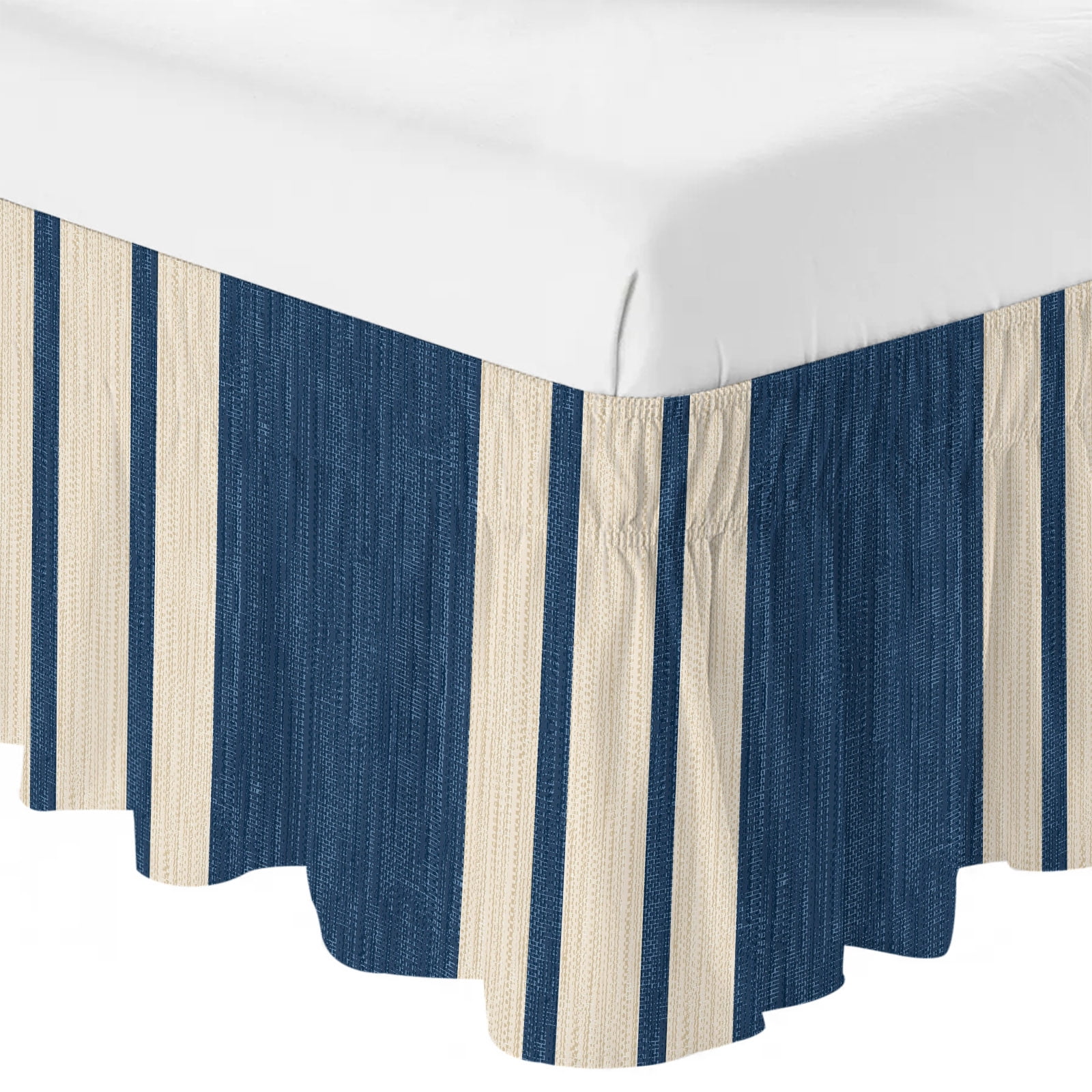 Navy Blue Stripe Retro Linen Bed Skirt 16 Inch Drop,Dust Ruffle Wrap ...