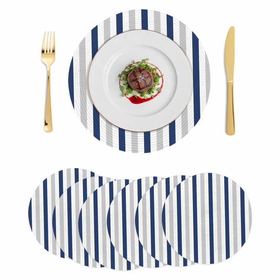 Navy Blue Stripe Round 15 Inch Placemats Set of 6, Geometric Grey White Vertical Striped HeatResistant Non Slip Place Mats for Dining Table, Wipeable Braided Kitchen Table Mats for Housewarming