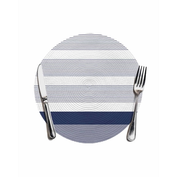 Navy Blue Stripe Round Placemats for Dinning Tables,Heat-proof Braided Table Mats 13 Inch,Modern Rustic Horizontal Blue Striped Washable Place Mat for Kitchen Restaurant Party Decor Table Setting