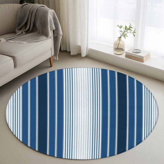 Navy Blue Stripe Round Rugs 3.3ft, Modern Blue Ombre Vertical Striped Non Slip Washable Rug Runner, Low Pile Indoor Floor Carpet Mat Bathroom Rugs for Living Room, Bedroom, Kids Room