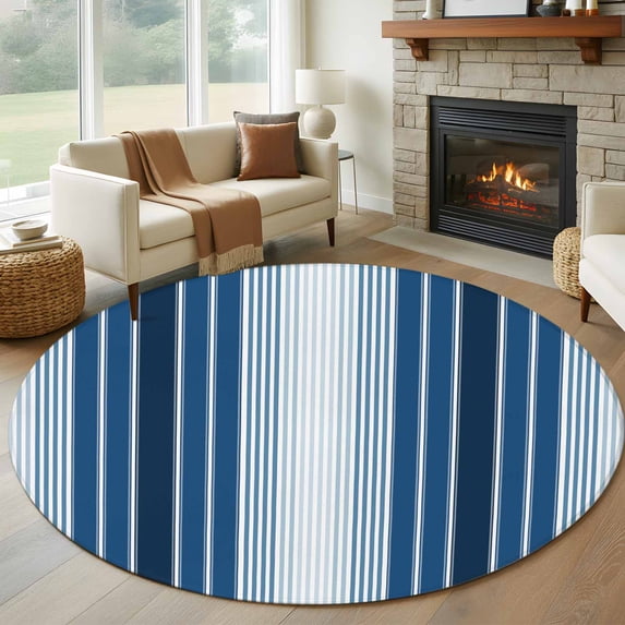 Navy Blue Stripe Round Rugs 5ft, Modern Blue Ombre Vertical Striped Non Slip Washable Rug Runner, Low Pile Indoor Floor Carpet Mat Bathroom Rugs for Living Room, Bedroom, Kids Room