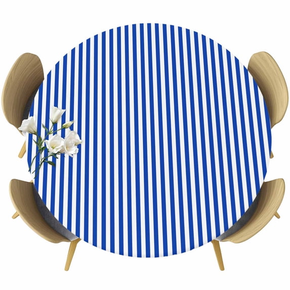 Navy Blue Stripe Round Tablecloth, Fitted Table Cover with Elastic for 36"-44" Round Tables, Modern White Vertical Striped Geometric Table Cloth Outdoor Indoor Dinning Party Waterproof Tablecloths