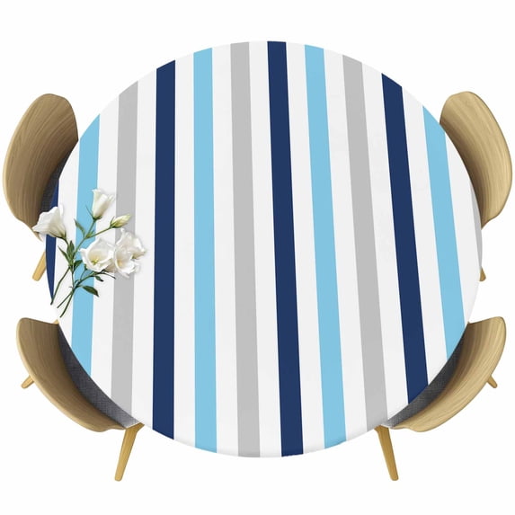 Navy Blue Stripe Round Tablecloth, Fitted Table Cover with Elastic for 45"-54" Round Tables, Ombre Geometric Grey Vertical Striped Table Cloth Outdoor Indoor Dinning Party Waterproof Tablecloths