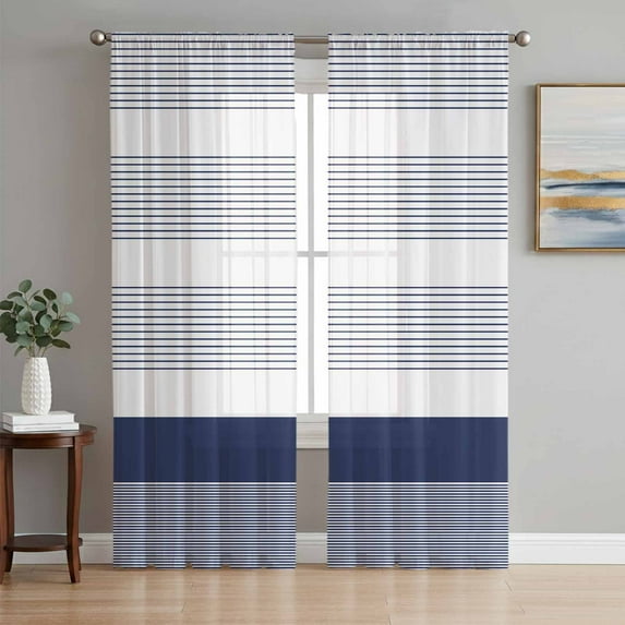 Navy Blue Stripe Semi Sheer Curtains 63 Inch Length 2 Panels Set, Modern Rustic Horizontal Blue Striped Sheer Kitchen Curtain Privacy Voile Window Curtain for Living Room Bedroom Rod Pocket Drapes