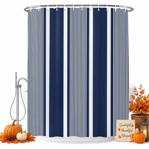 Navy Blue Stripe Shower Curtain Set - Extra Long 72" x 96" Washable Bathtub Curtain with 12 Hooks, Modern Striped Minimalist Geometric Lines Waterproof Fabric Stall Shower Curtains for Bathroom
