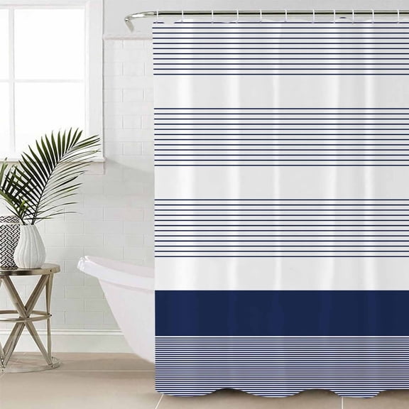 Navy Blue Stripe Shower Curtain Set, Waterproof Shower Curtains for Bathroom, Modern Rustic Horizontal Blue Striped Washable Fabric Cloth Bath Curtain for Bathtub Decoration with Hooks 66x72 Inches