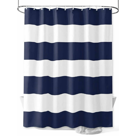 Navy Blue Stripe Shower Curtain, Simple Style White Striped Waterproof Shower Curtain Set with 12 Hooks Lightweight Washable Fabric Shower Curtains for Bathroom 36x72 Inches