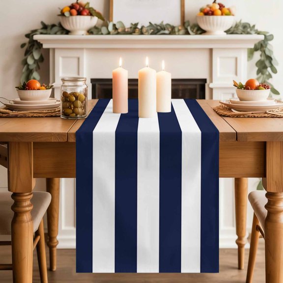 Navy Blue Stripe Summer Nautical Theme Table Runner 70 Inches Long,Kitchen Dining Tablerunners White Geometric Lines Linen Table Runners Dresser Scarves for Home Dinner Wedding Holiday Party Decor