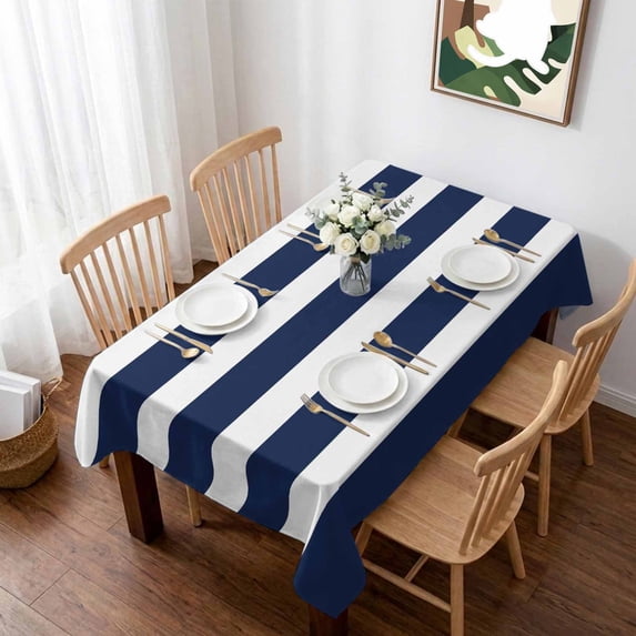 Navy Blue Stripe Table Cloth Waterproof Tablecloths, Modern Simple Geometric White Striped Tablecloth Dining Table Cover for Kitchen Party Tabletop Outdoor, Rectangle Tablecloth 52x70 Inch