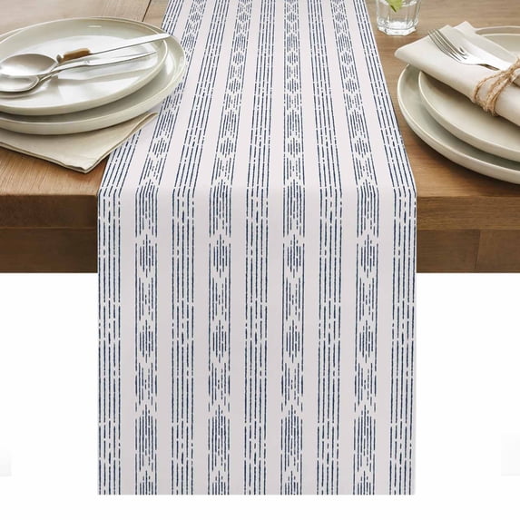 Navy Blue Stripe Table Runner - 120 Inch Long, Kitchen Dining Table Runner Dresser Scarves, Modern Abstract Vertical Stripes Beige Farmhouse Decor for Coffee Tables Wedding Party Banquet