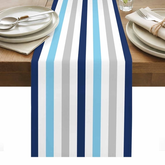 Navy Blue Stripe Table Runner - 120 Inch Long, Kitchen Dining Table Runner Dresser Scarves, Ombre Geometric Grey Vertical Striped Farmhouse Decor for Coffee Tables Wedding Party Banquet