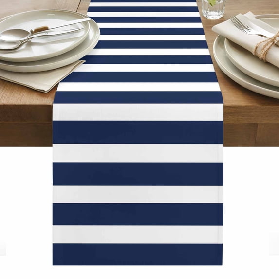 Navy Blue Stripe Table Runner - 70 Inch Long, Kitchen Dining Table Runner Dresser Scarves, Modern Simple Geometric White Striped Farmhouse Decor for Coffee Tables Wedding Party Banquet