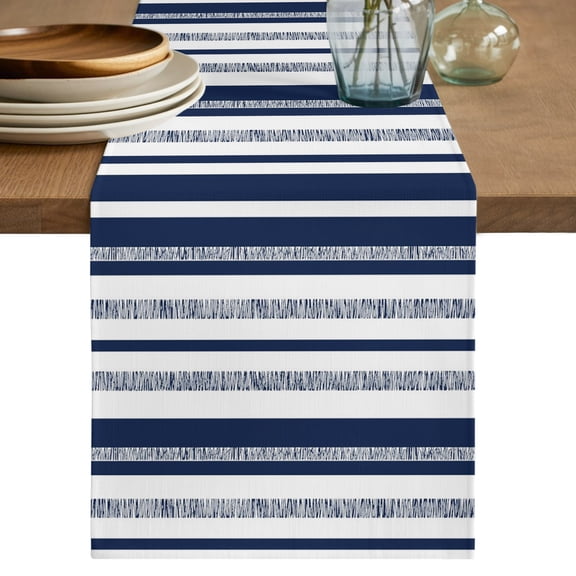 Navy Blue Stripe Table Runner, Modern Minimalist Geometric Vertical Bands Cotton Linen Table Cloth, Tablerunner for Kitchen Dining Party Wedding Home Decor 13x36 Inch