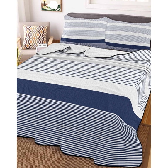 Navy Blue Stripe Twin Size Down Alternative Comforter, Lightweight Comforter Quilt Bedding Set with Pillow Shams Modern Rustic Horizontal Blue Striped All Seasons Bed Comforter Duvet Insert 68"x86"