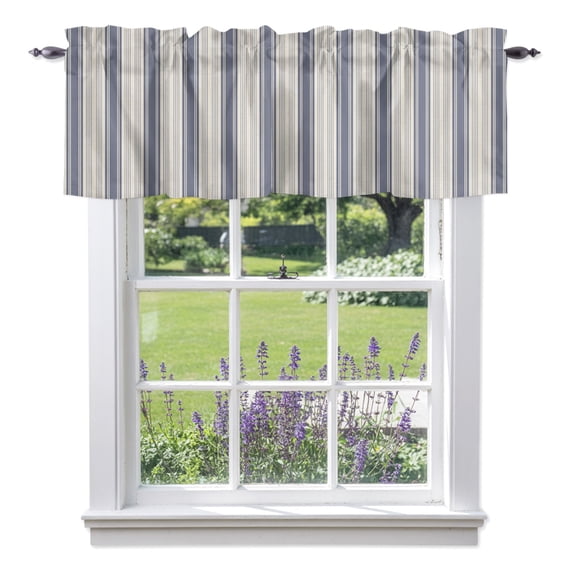 Navy Blue Stripe Valances for Windows, Country Vintage Minimalist Classic Vertical Lines Valance Window Treatment Rod Pocket Short Curtains Valances for Kitchen Bathroom 42"W x 12"L