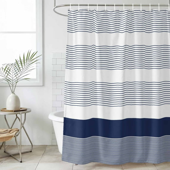 Navy Blue Stripe Waterproof Fabric Shower Curtain,Modern Rustic Horizontal Blue Striped Waterproof Fabric Shower Curtain for Bathroom Curtains Bathtubs Shower Curtains with 12 Hooks Standard 60x72