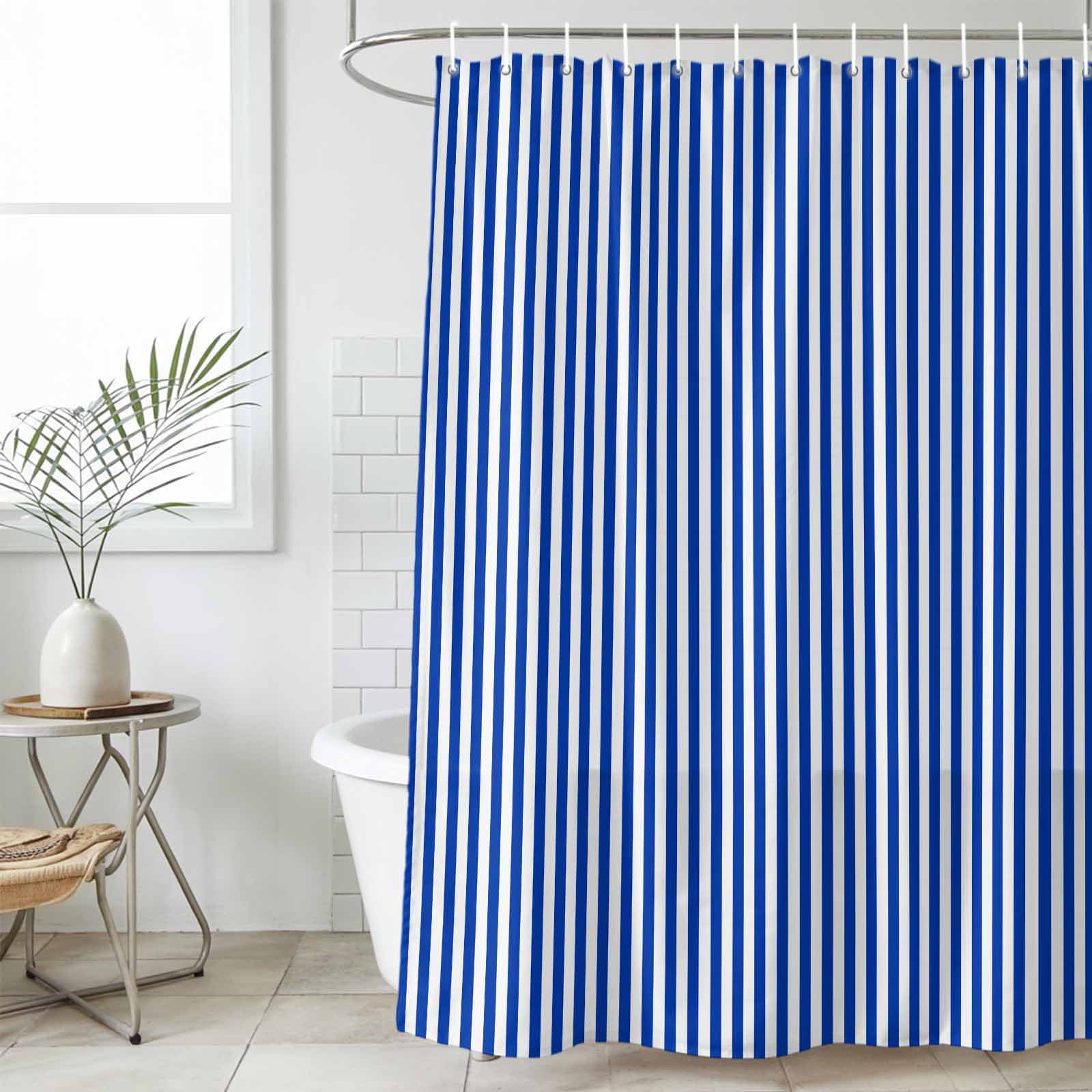 Navy Blue Stripe Waterproof Fabric Shower Curtain,Modern White Vertical ...
