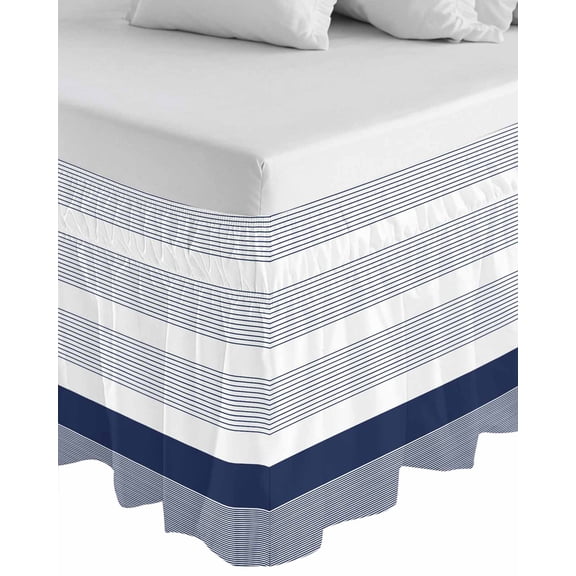 Navy Blue Stripe Wrap Around Bed Skirts for California King Bed 16" Drop,Bed Skirt with Adjustable Elastic Belt Dust Ruffle Bed Valance Modern Rustic Horizontal Blue Striped Bed Frame Cover